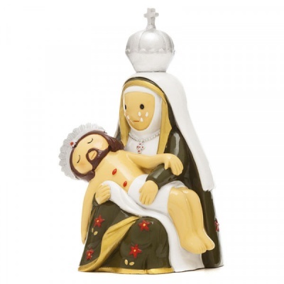 Figurinha religiosa da Nossa Senhora com Jesus ao colo, em cores verde, branco e detalhes vermelhos.