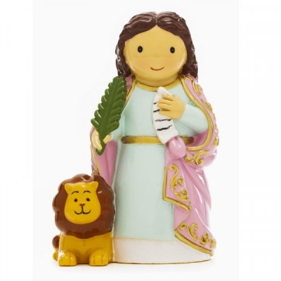 Estatueta cerâmica de figura humana com leão ao lado