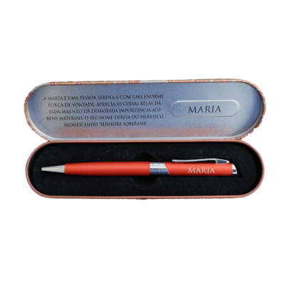 Estojo metálico com caneta vermelha personalizada com Maria