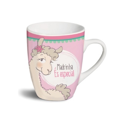 Caneca rosa com desenho de lhama e texto Madrinha És especial