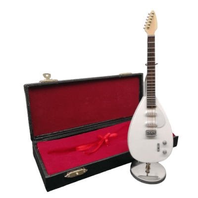 Miniatura de guitarra elétrica branca com estojo preto e interior vermelho