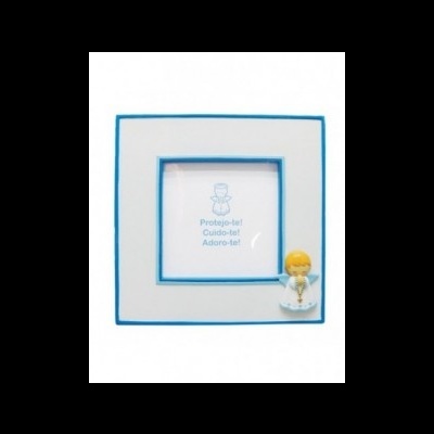 Quadro decorativo branco com borda azul e figura de anjo