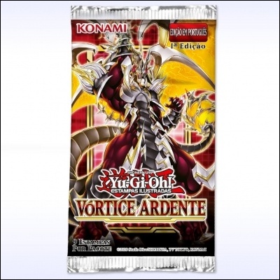 Pack de cartas Yu-Gi-Oh! Vórtice Ardente com personagem em armadura dourada e texto em português