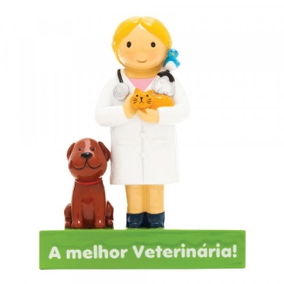 Figura de veterinária com animais e texto 