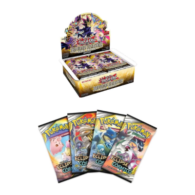 Caixa de Yu-Gi-Oh! Duelistas Lendários e pacotes de cartas Pokémon Eclipse Cósmico com personagens coloridos