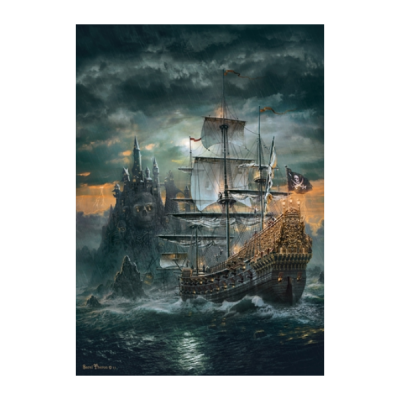 Navio pirata negro com velas brancas em mar revolto e castelo sombrio ao fundo à noite