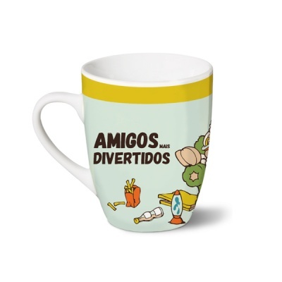Caneca branca com borda amarela e texto 'AMIGOS MAIS DIVERTIDOS'