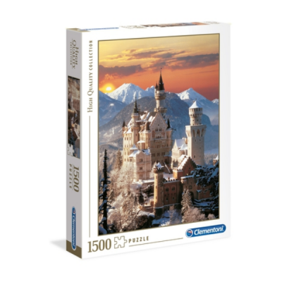 Caixa de quebra-cabeças com imagem de castelo medieval e montanhas nevadas ao pôr do sol