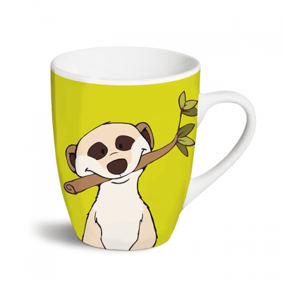 Caneca branca com ilustração de lémure a segurar ramo verde
