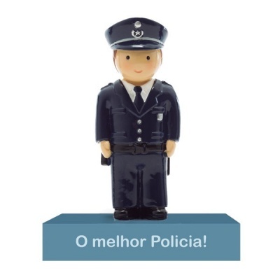 Figura decorativa de polícia em uniforme azul com texto 'O melhor Policia!' na base azul