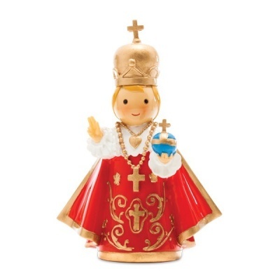 Figura religiosa com coroa dourada e vestes vermelhas decoradas