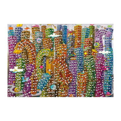 Ilustração colorida de edifícios altos distorcidos com nuvens brancas