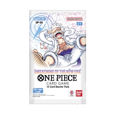 Pacote booster jogo cartas One Piece Awakening of the New Era com personagem anime e logotipos