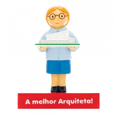 Figurinha de arquiteta com maquete e base com texto