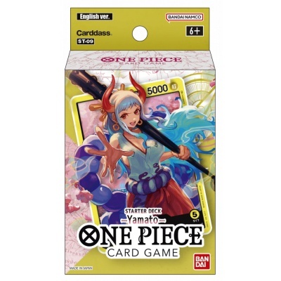 Caixa de cartas One Piece Card Game Starter Deck Yamato amarela com ilustração de personagem e texto em inglês