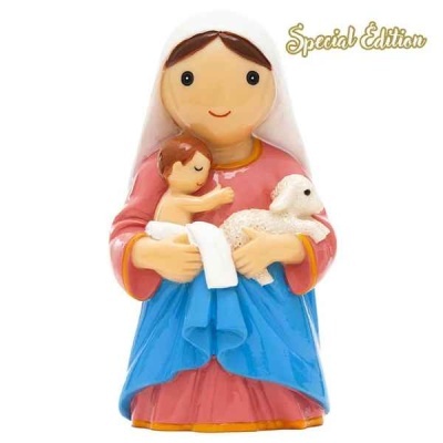 Estatueta colorida feminina com menino e cordeiro, texto Special Edition