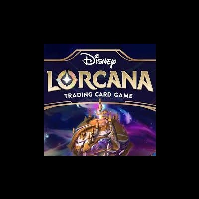 Caixa do jogo de cartas Disney Lorcana com texto e ilustração