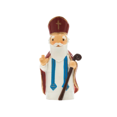 Estatueta de bispo em cerâmica com túnica branca e mitra castanha