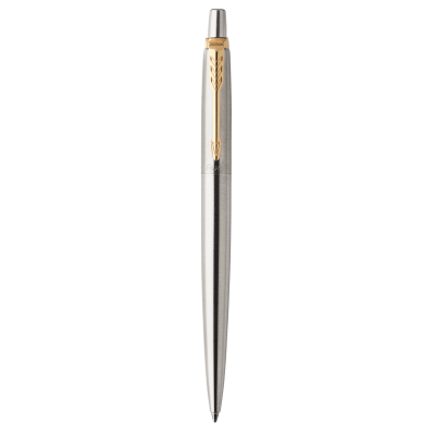 Caneta esferográfica metálica prateada com clip dourado em fundo branco
