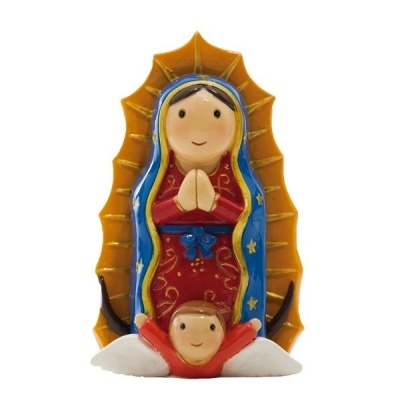 Figurine religiosa colorida de Nossa Senhora de Guadalupe com anjo