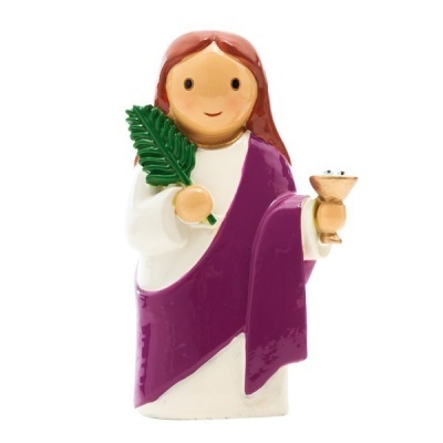 Figura decorativa com túnica branca, capa roxa, folha verde e cálice dourado