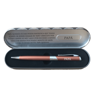 Conjunto de caneta metálica bronze com estojo prateado e gravação 
