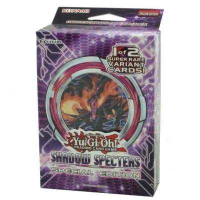 Caixa de cartas Yu-Gi-Oh! Shadow Specters Special Edition, com ilustração e texto em roxo