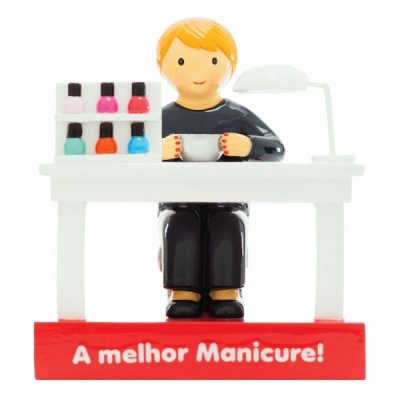 Estatueta de manicure com mesa, unhas coloridas e texto A melhor Manicure!