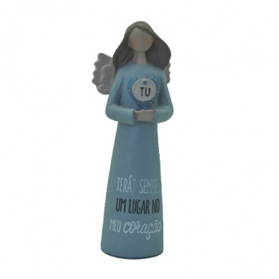 Figura decorativa de anjo azul com frase no vestido e asas brancas