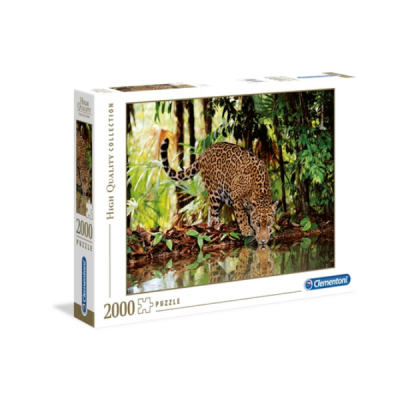 Caixa branca de puzzle Clementoni 2000 peças com imagem de onça-pintada a beber água na floresta