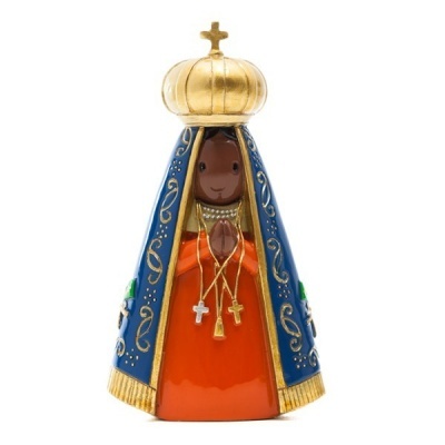 Estatueta religiosa de Nossa Senhora com vestido laranja e manto azul detalhado