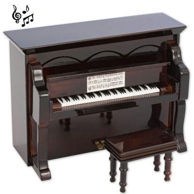 Miniatura de piano vertical castanho escuro com banco e partitura