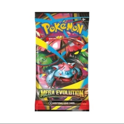 Pacote de cartas de jogo Pokémon Mega Evolution colorido com Pokémon e texto