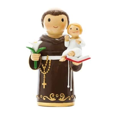 Figura decorativa de santo com túnica castanha e criança com livro