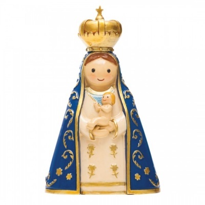 Estatueta de Nossa Senhora com coroa dourada e vestido azul e branco com detalhes dourados