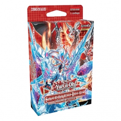 Embalagem de booster Yu-Gi-Oh com dragões e texto em fundo vermelho, azul e laranja