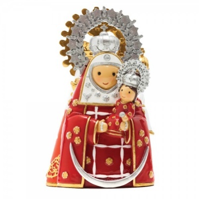 Estátua decorativa vermelha e dourada de Nossa Senhora com Menino Jesus e coroas prateadas