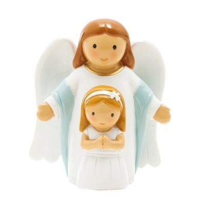 Figura decorativa de anjo com criança em cerâmica