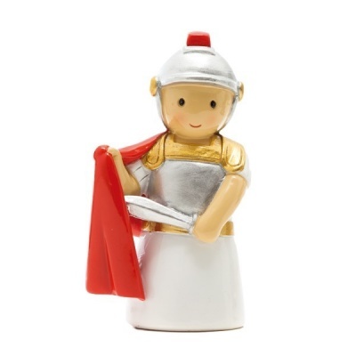 Figura decorativa de soldado romano em cerâmica com capacete prateado e capa vermelha