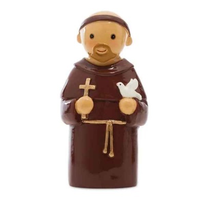 Estatueta cerâmica de São Francisco castanha com cruz e pomba