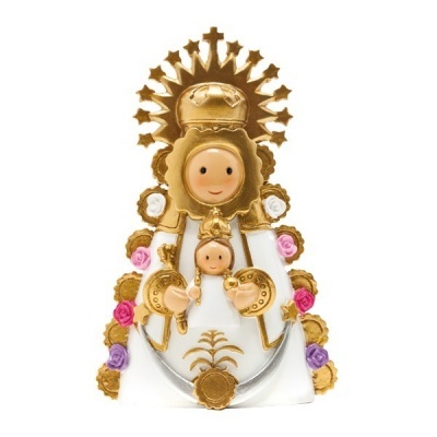 Estatueta religiosa de Maria e menino Jesus com decoração dourada e flores coloridas