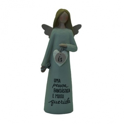 Estátua de anjo azul claro com asas e texto