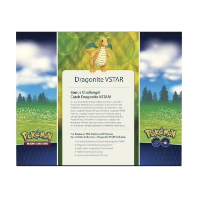 Embalagem do Pokémon Trading Card Game Dragonite VSTAR com texto descritivo e logótipos do Pokémon e Pokémon GO