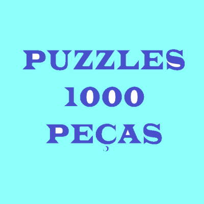 Texto 'PUZZLES 1000 PEÇAS' em azul sobre fundo azul claro