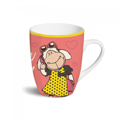 Caneca branca com decoração de ovelha e corações
