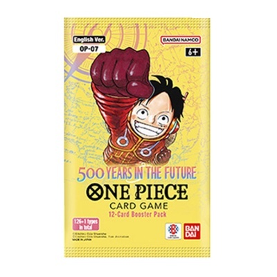Pacote amarelo do jogo de cartas One Piece com personagem e texto visível
