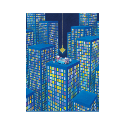 Desenho de arranha-céus azuis com janelas coloridas e mesa com duas pessoas no topo