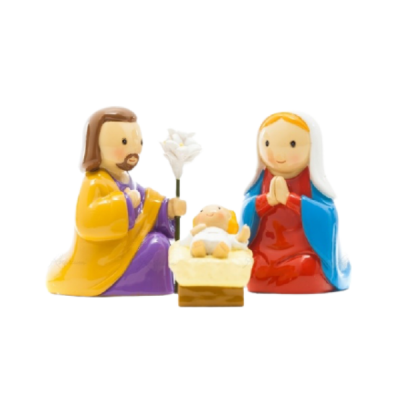 Conjunto cerâmico de presépio com José, Maria e Jesus na manjedoura