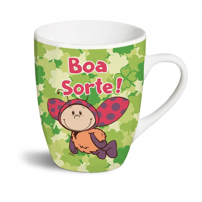 Caneca branca com ilustração de joaninha e texto Boa Sorte