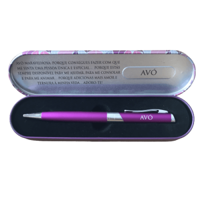 Conjunto caneta roxa e caixa metálica decorada dedicada à avó